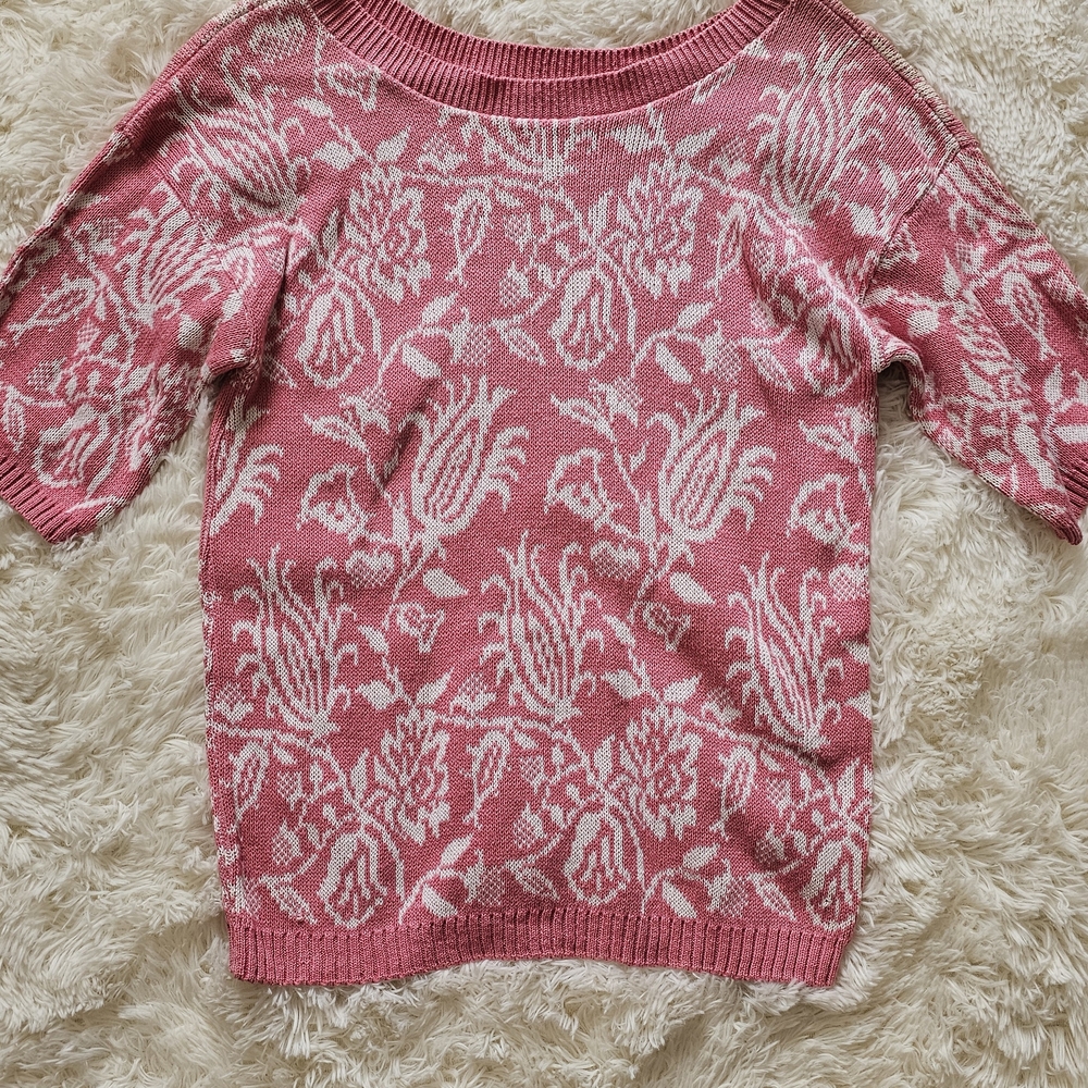 Vintage 1970s Pink Floral Knit Sweater By Cuddle Knit Womens Size Medium